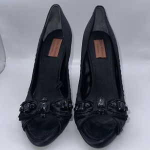 ZARA Black Satin Peep Toe Pumps w/ Rhinestone Bow